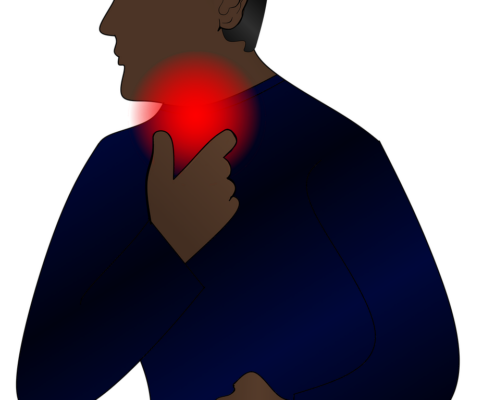 A cartoon rendering of a man with a reddened throat symbolizing throat pain.